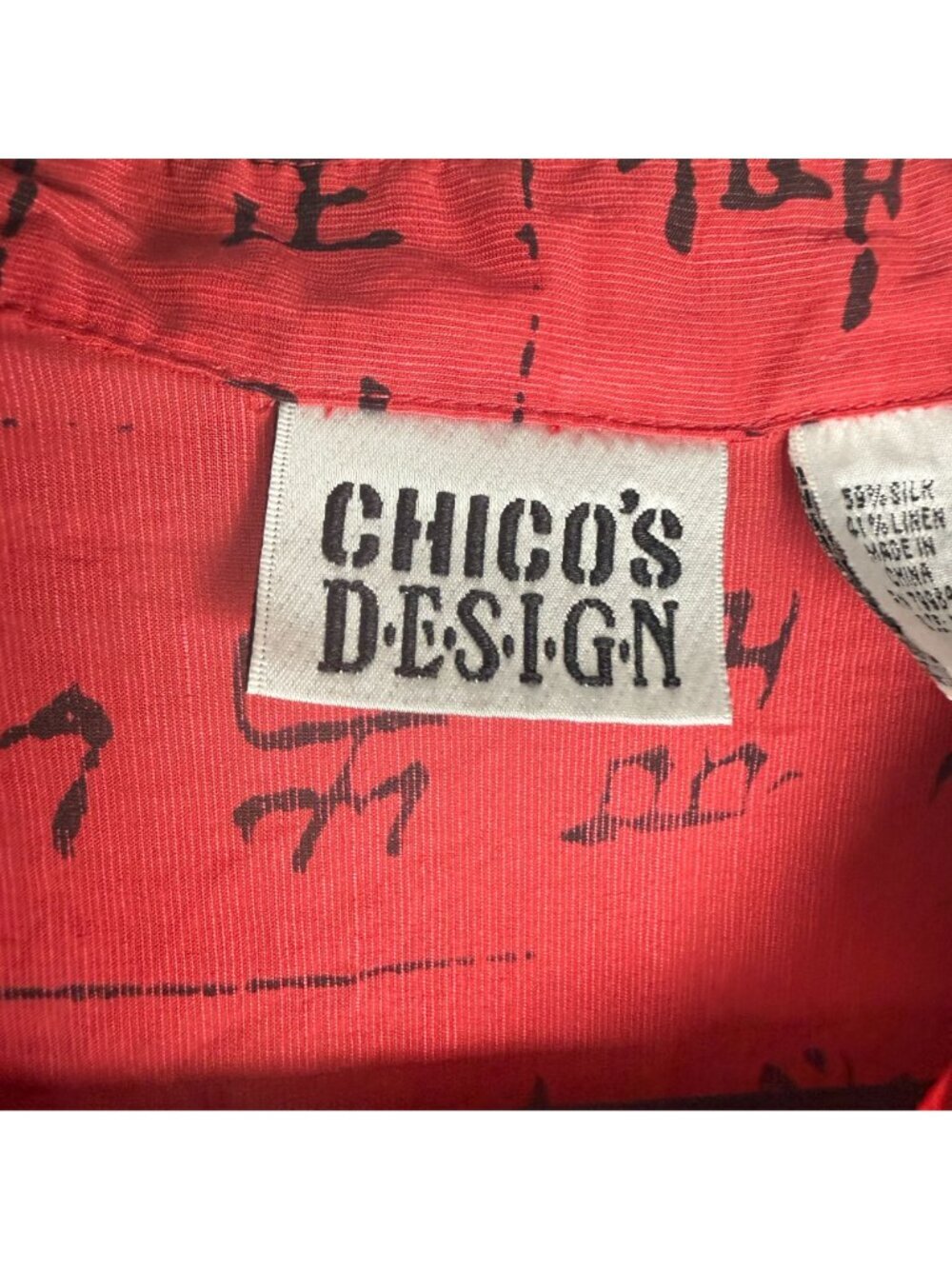 Vintage Chico's Silk Linen Button Up Blouse Chinese Characters Red Size 1/M - Picture 6 of 8